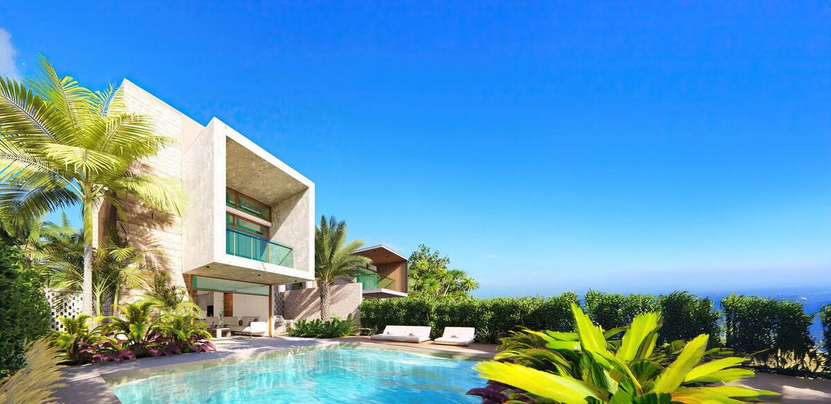 Render de casa modelo de Grand Bay Barú con piscina y el mar al fondo
