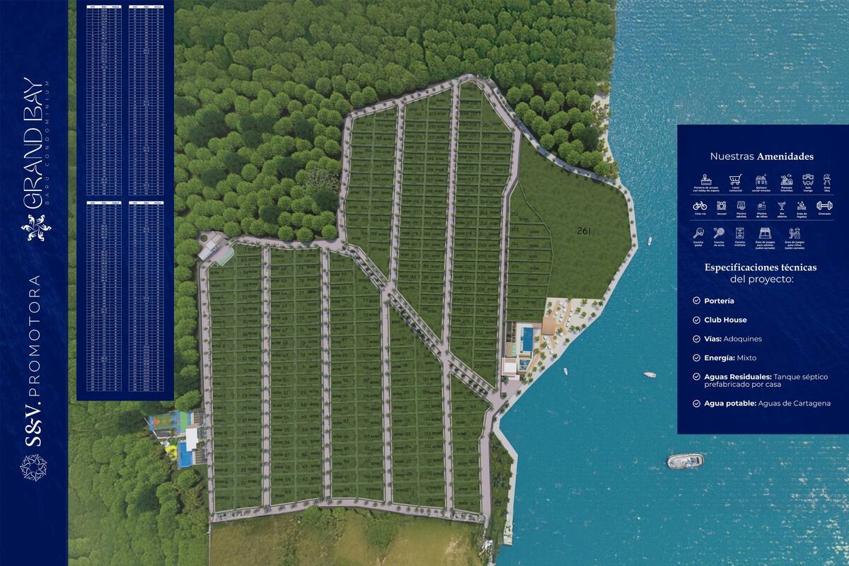 Plano general de Grand Bay Barú Condominium con lotes, zona social y beach club